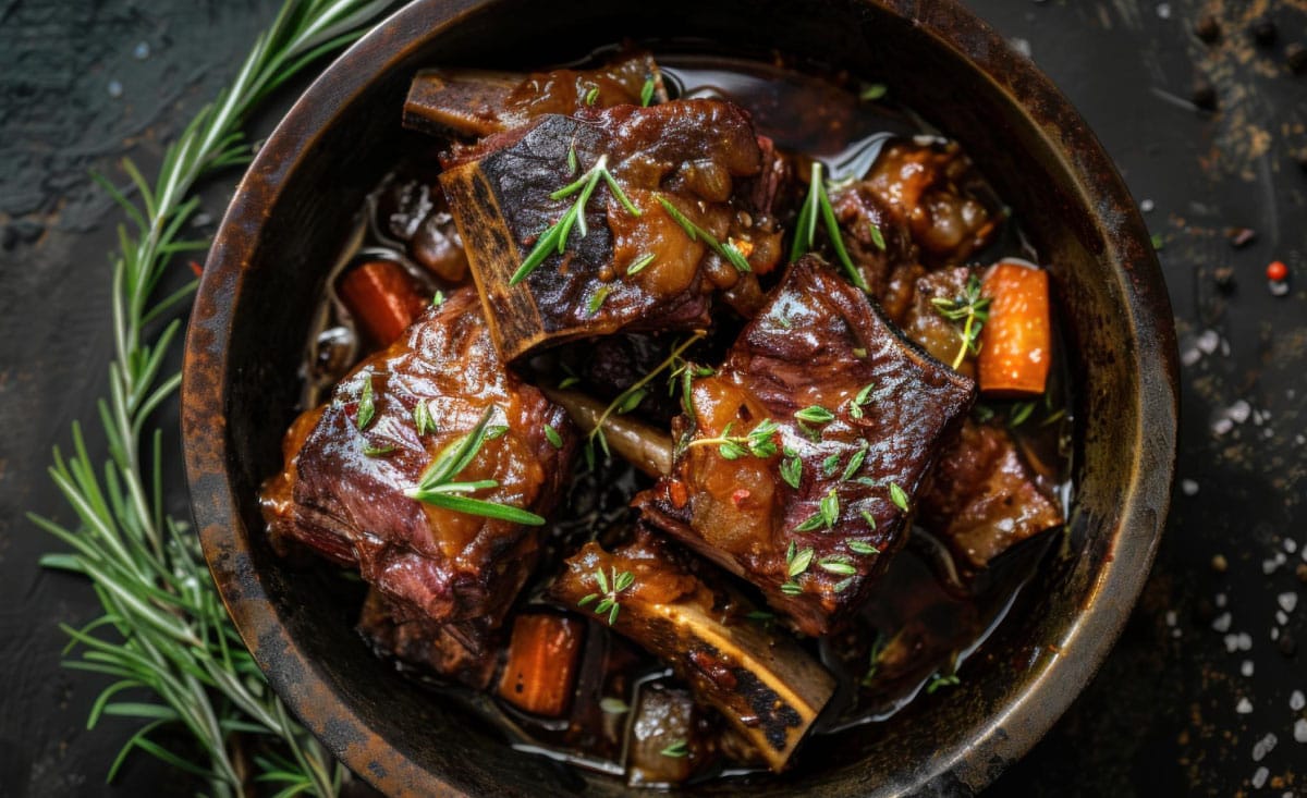 A close-up of tender, slow-cooked meat in a rustic bowl, showing why smoked oxtails are a BBQ favorite for their rich flavor.