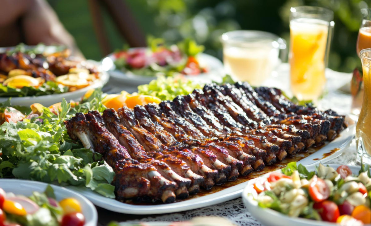 Affordable BBQ Catering in Atlanta with grilled ribs, fresh salads, and drinks for outdoor events