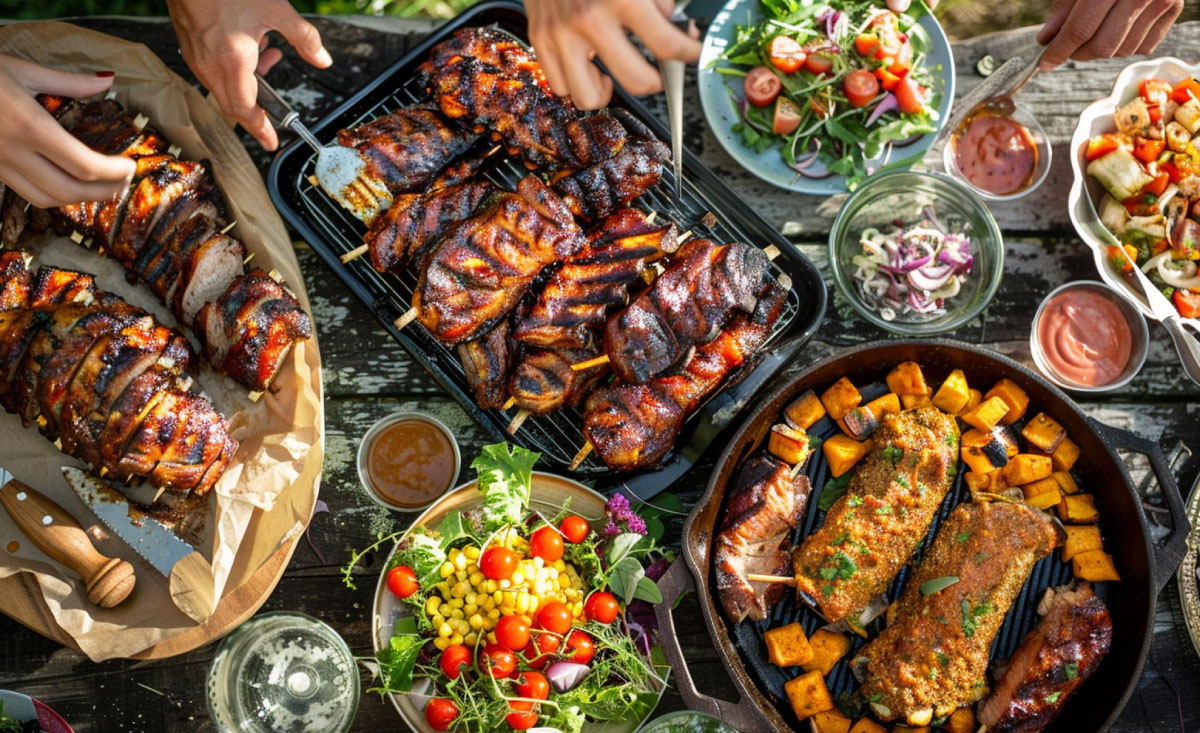 Private BBQ catering in Atlanta with grilled meat, salads, and side dishes served outdoors