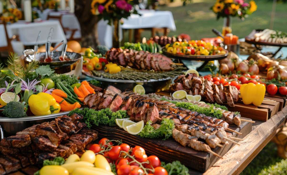 BBQ wedding catering in Atlanta with grilled meats, fresh vegetables, and Southern-style reception buffet setup