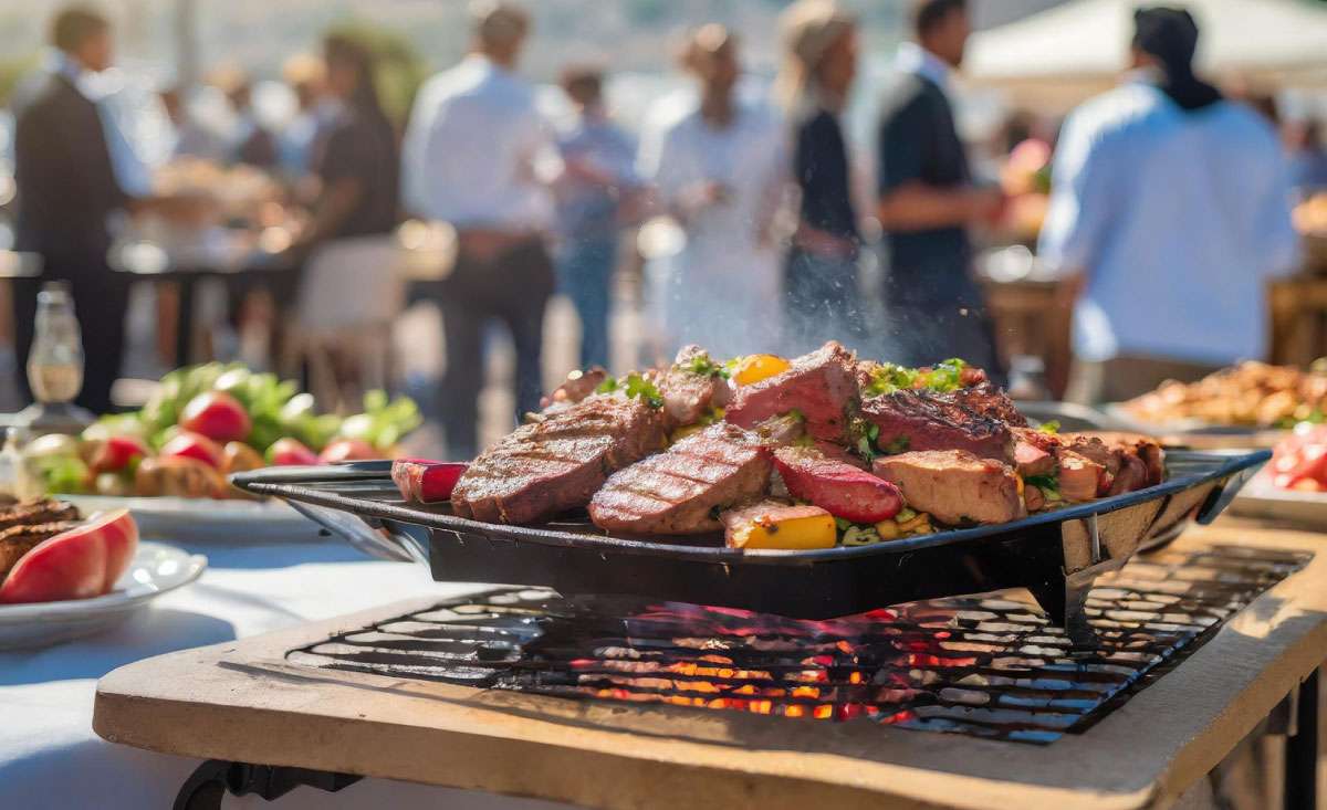 graduation party BBQ catering Atlanta outdoor BBQ grill with smoked meat served at celebration event