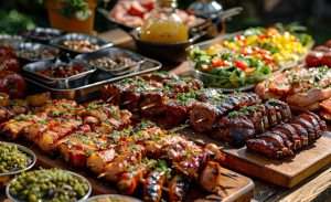 BBQ catering Atlanta popularity with grilled meats, skewers, salads, and fresh sides.